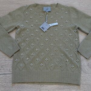 Liv Milano Pearl Embellished Sweater in Heather Olive Size XS | New With Tags
